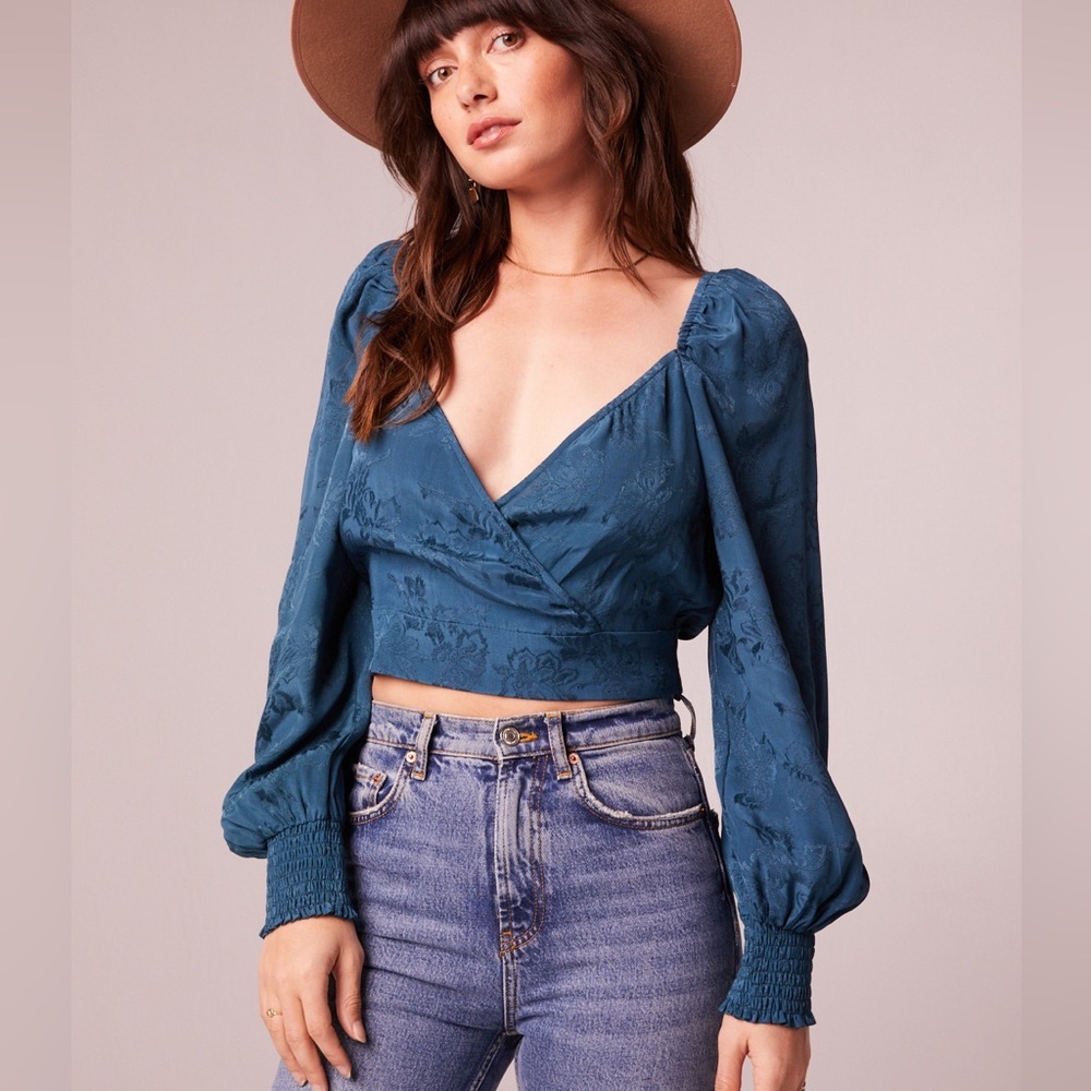Band of the Free | NWT Teal Crop Wrap Satin Long Sleeve Top